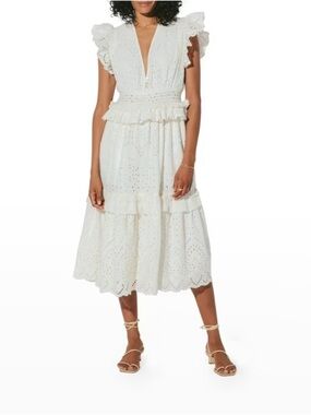 Cleobella White Eyelet Tiered Midi Dress with Ruffle Shoulders 100 Cotton 0103